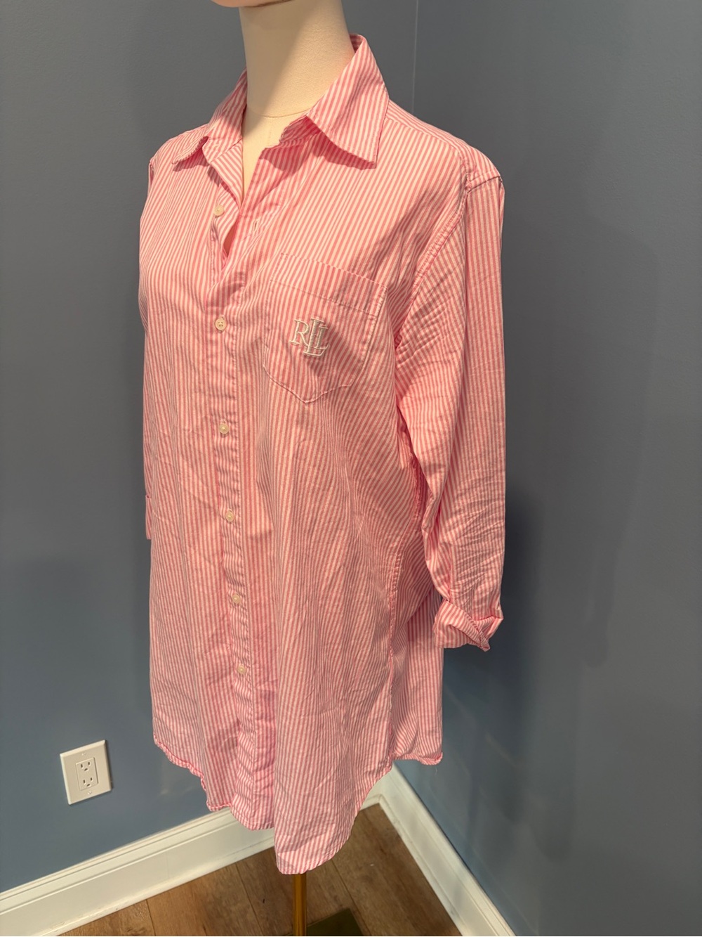 Lauren Ralph Lauren Pink White Stripe Cotton Shirt Dress Cover Up Sleep Shirt - Picture 10 of 10